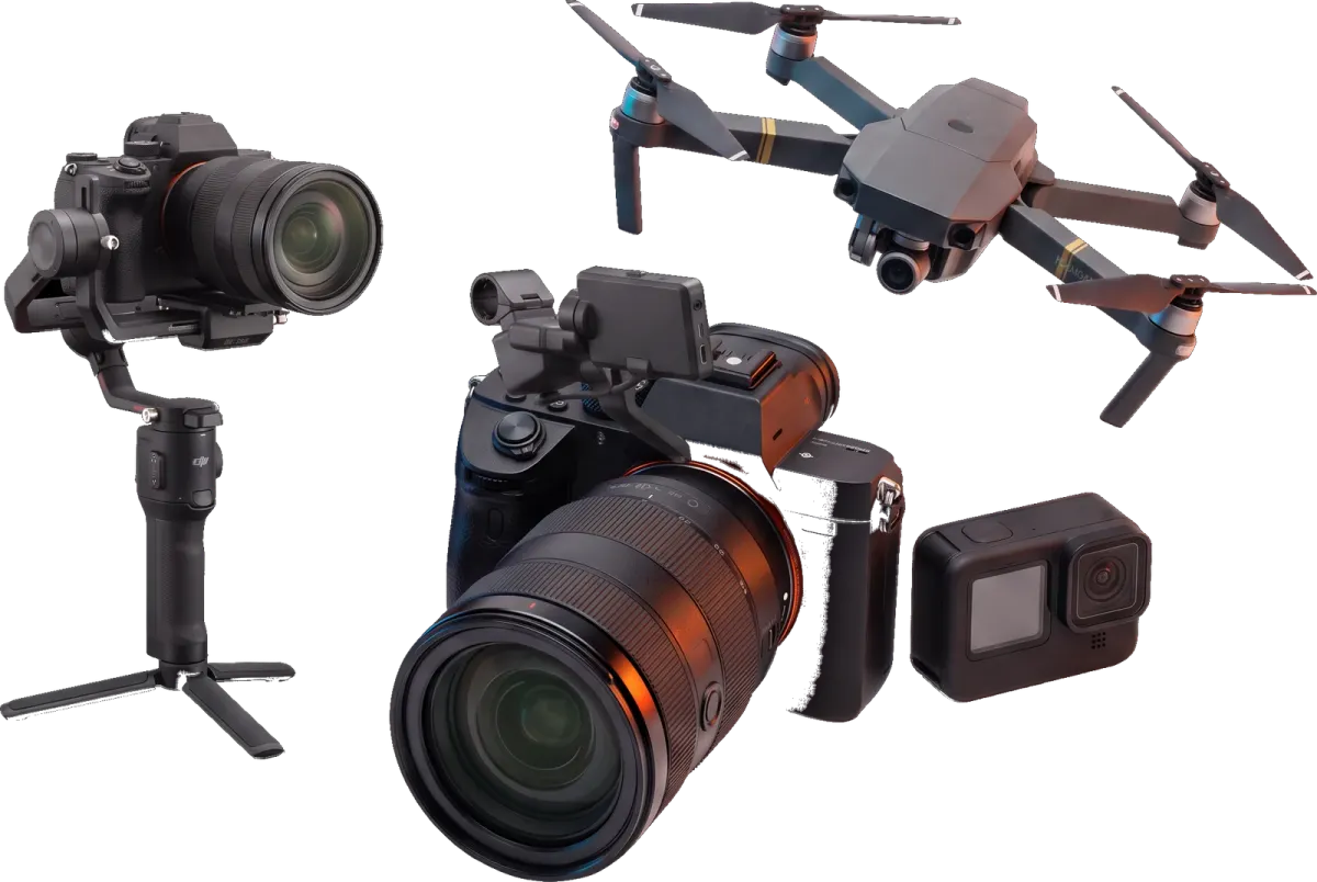 Ausrüstung: Vollformatkamera auf Gimbal, Cinekamera mit Objektiv, Drohne